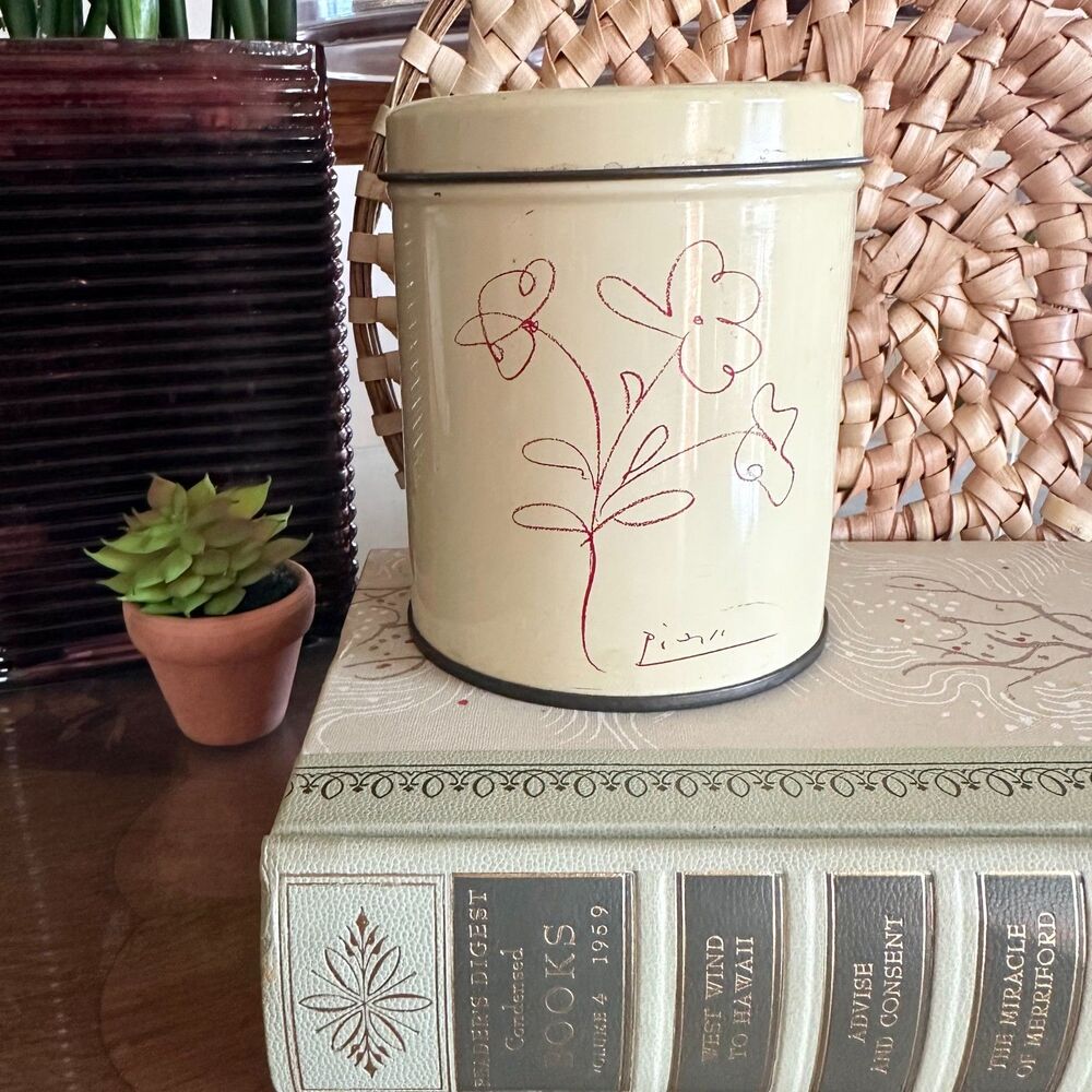 Vintage MCM Picasso Tin Canister, Abstract Floral Metal Storage Container